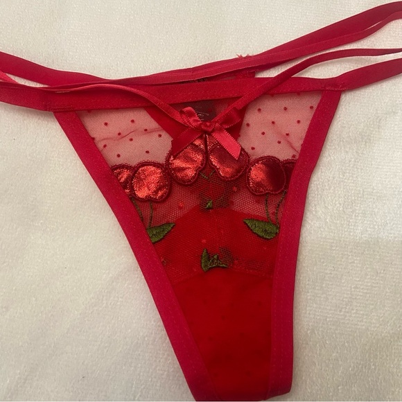 New! For love and lemons Cerise cherry red embroidered mesh thong 3800 - Picture 3 of 12